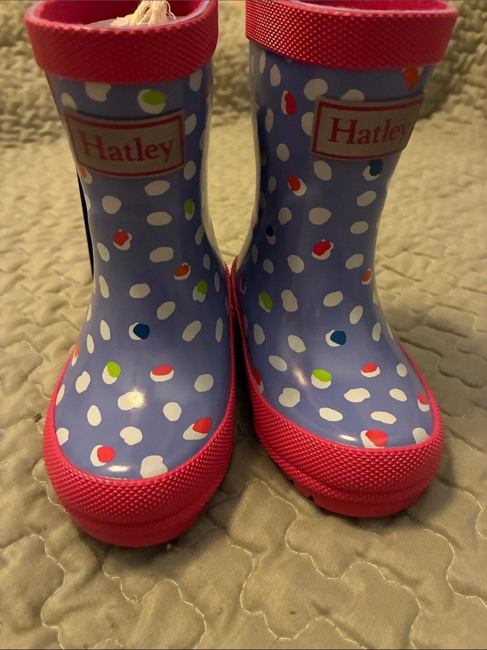 Hatley Blue Polka Dot Kids Rain Boots with Pink Trim